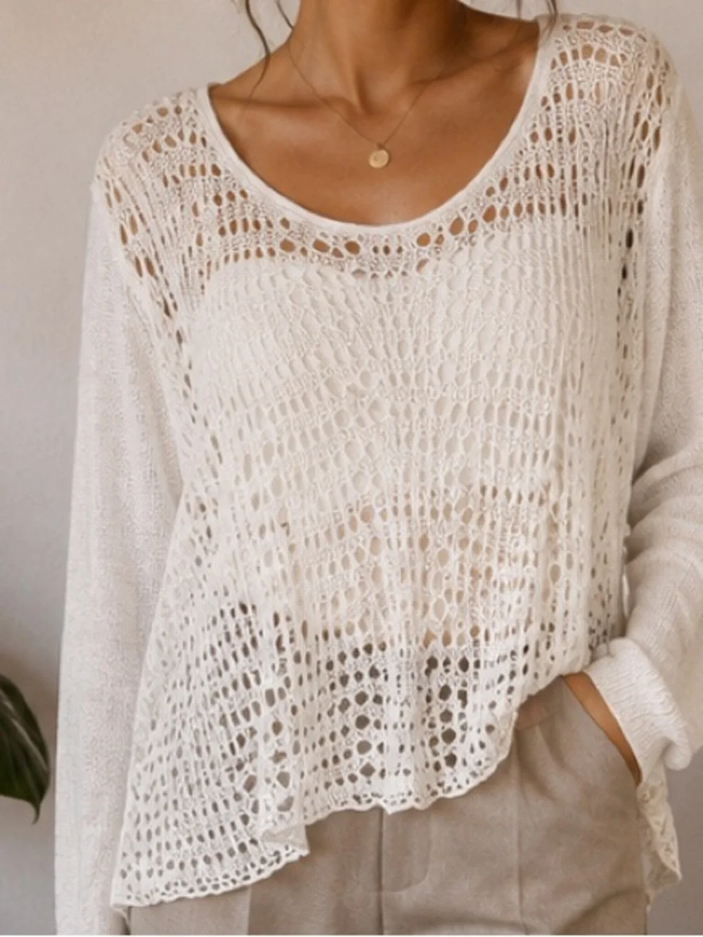 NWT Eileen Fisher Linen Sweater 3X White Crochet Minimalist Open Knit Pullover